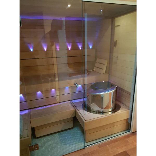 Löyly sauna France fabriquant de sauna sur mesure, fabrication de bancs de sauna, lambris aulne ou tremble éclairage avec changement de couleur pour sauna en kit